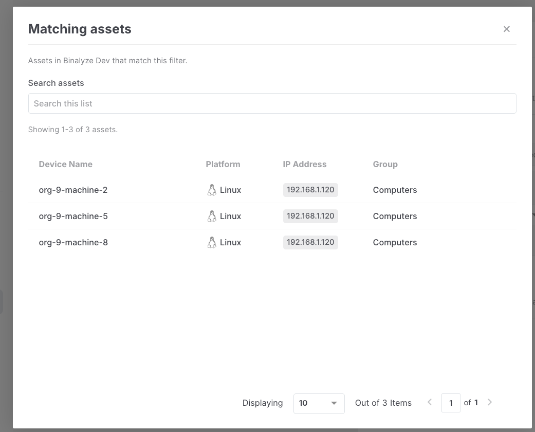 Triggers: Matching assets modal